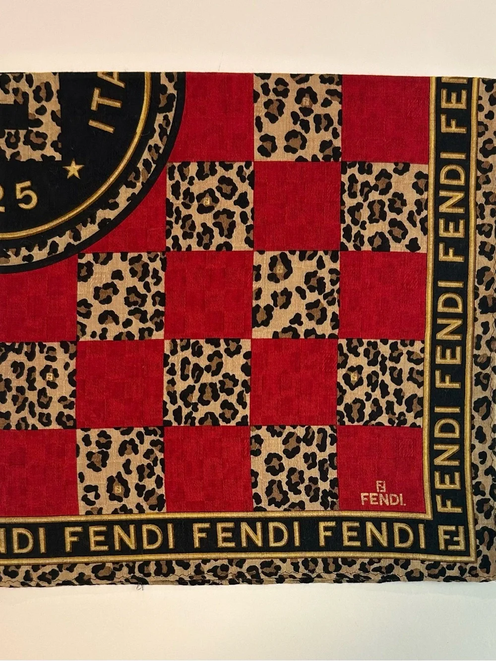 FENDI HANDKERCHIEF COTTON Red Brown Leopard Tiger Print POCKET SQUARE 19”